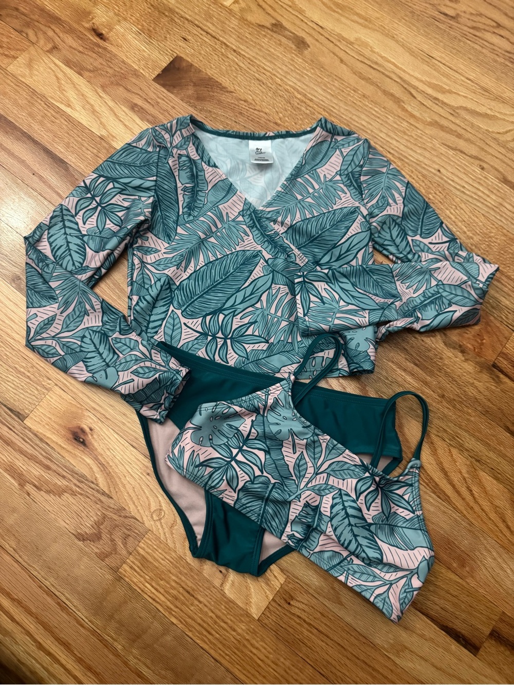 art class Girls Teal and Pink Tropical Print Long Sleeve Bikini Set